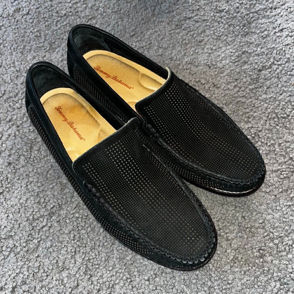 TOMMY BAHAMA Felton Loafer Nubuck Perforated Slip-On Shoes Black -Men's size 8.5